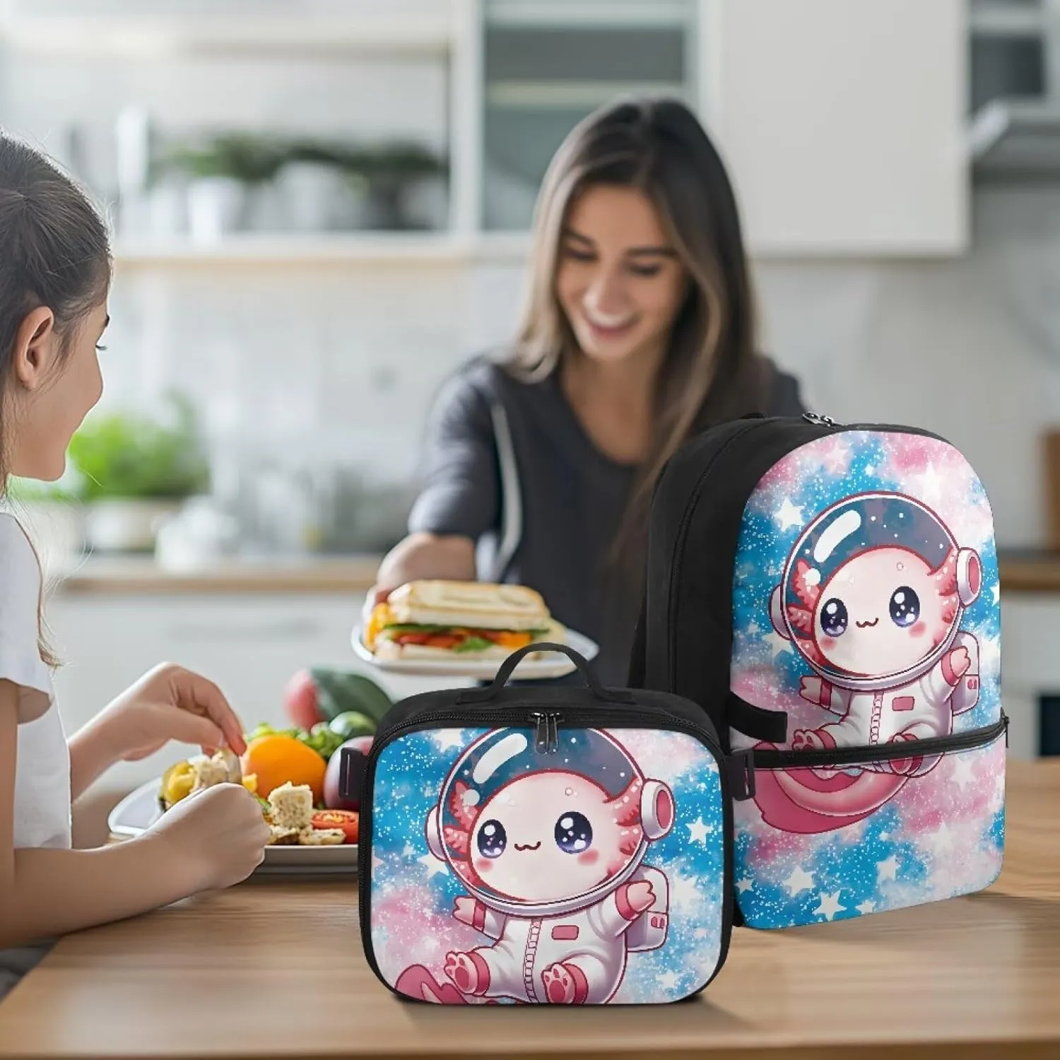 Axolotl Backpack For Girls 2 In 1 Cute School with Lunch Box Set Elementary Bag and for 6-8/10-12 Kids Book Lunchbox Children 3rd Grade Bookbag