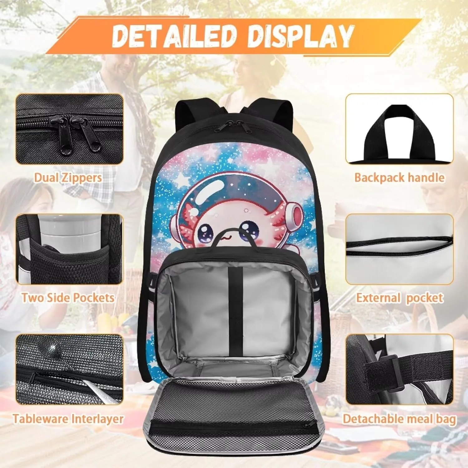 Axolotl Backpack For Girls 2 In 1 Cute School with Lunch Box Set Elementary Bag and for 6-8/10-12 Kids Book Lunchbox Children 3rd Grade Bookbag