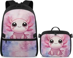 Axolotl Backpack For Girls Cute Kids Bookbags with Lunch Box Large School Bags 5 Age Cute Backpacks for Teen Girls Laptop Shoulder Middle School Bookbags for 5Th Grade