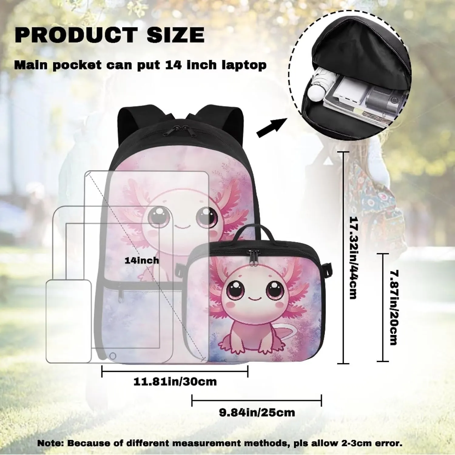 Axolotl Backpack For Girls Cute Kids Bookbags with Lunch Box Large School Bags 5 Age Cute Backpacks for Teen Girls Laptop Shoulder Middle School Bookbags for 5Th Grade