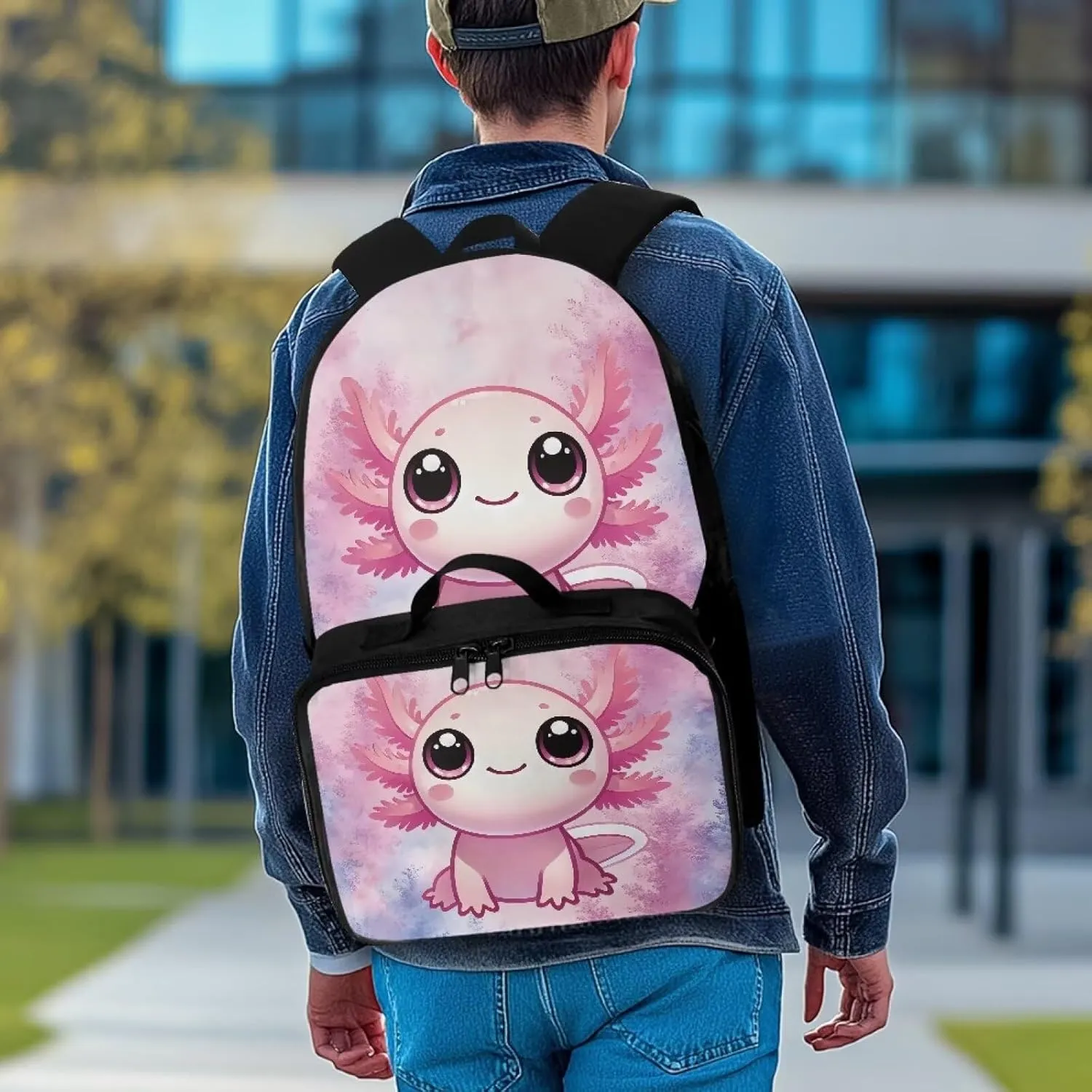 Axolotl Backpack For Girls Cute Kids Bookbags with Lunch Box Large School Bags 5 Age Cute Backpacks for Teen Girls Laptop Shoulder Middle School Bookbags for 5Th Grade
