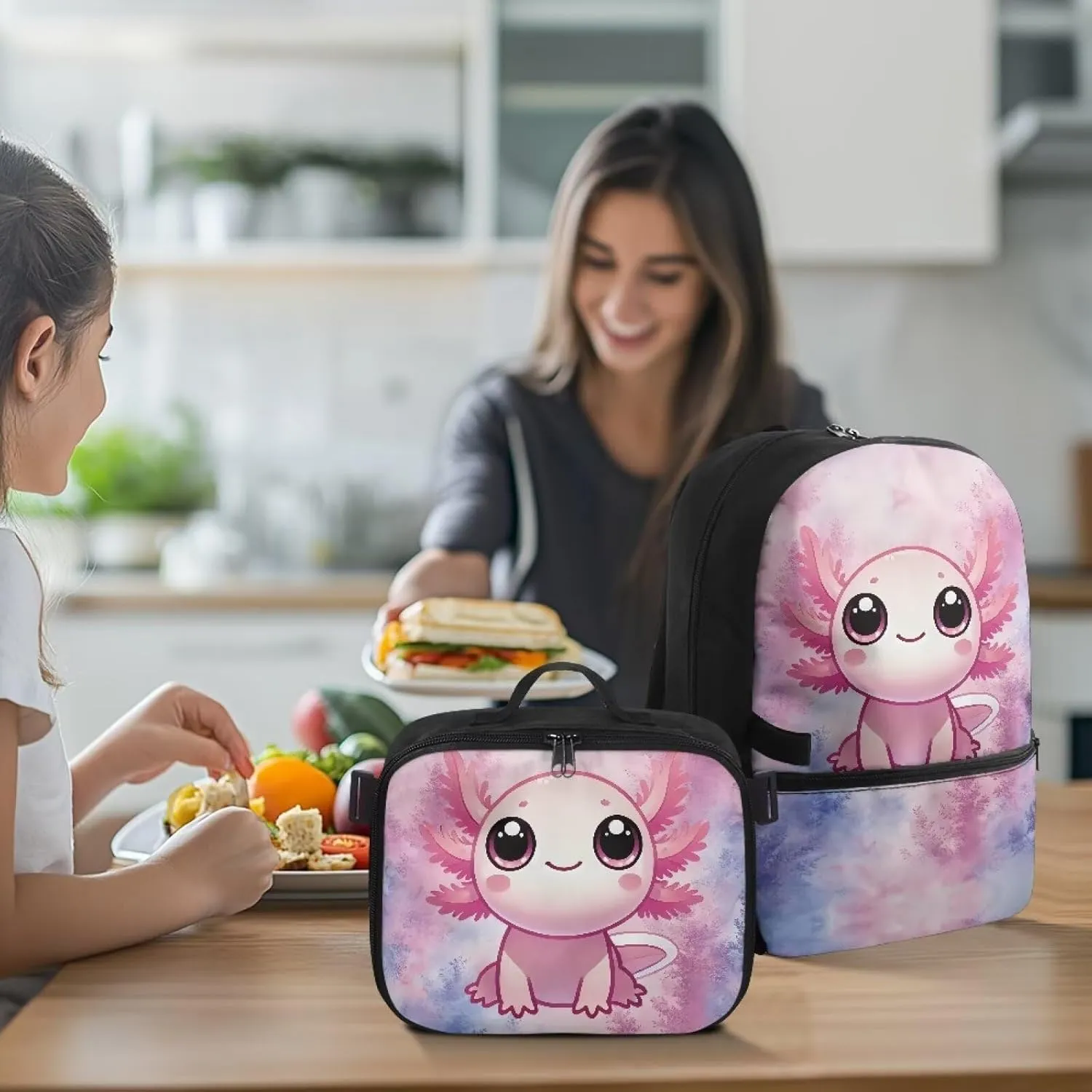 Axolotl Backpack For Girls Cute Kids Bookbags with Lunch Box Large School Bags 5 Age Cute Backpacks for Teen Girls Laptop Shoulder Middle School Bookbags for 5Th Grade