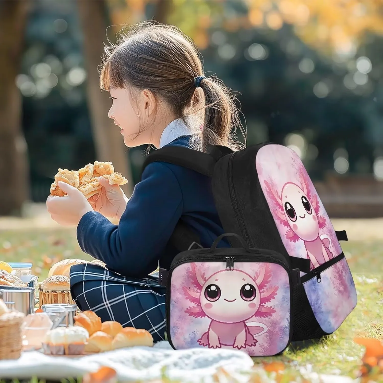 Axolotl Backpack For Girls Cute Kids Bookbags with Lunch Box Large School Bags 5 Age Cute Backpacks for Teen Girls Laptop Shoulder Middle School Bookbags for 5Th Grade