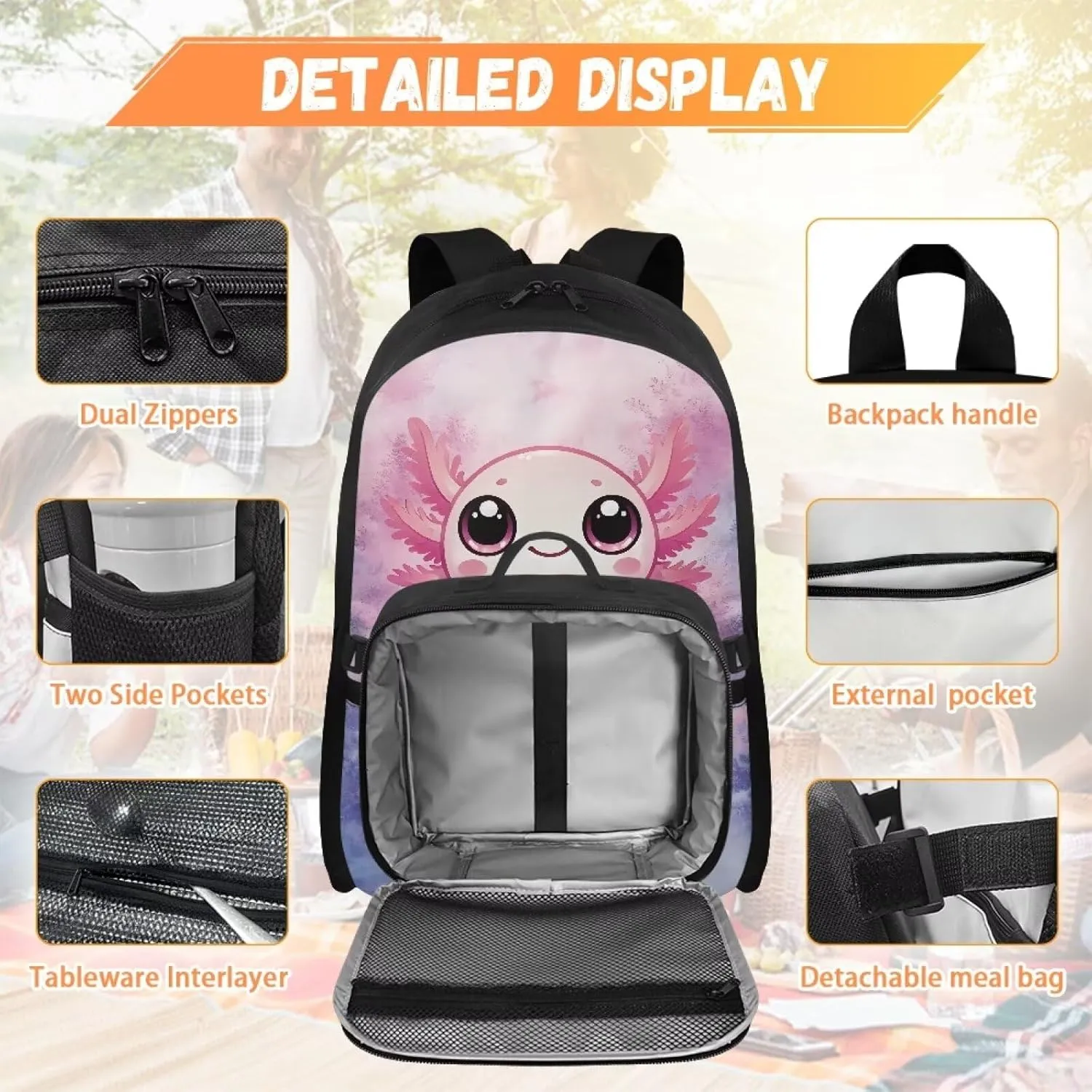 Axolotl Backpack For Girls Cute Kids Bookbags with Lunch Box Large School Bags 5 Age Cute Backpacks for Teen Girls Laptop Shoulder Middle School Bookbags for 5Th Grade