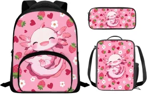 Axolotl Backpack for School Girls Preschool 8 Year Old Cool Bookbags with Lunch Bag and Soft Pencil Case Lightweight Novelty Back to School Accessories for Childrens