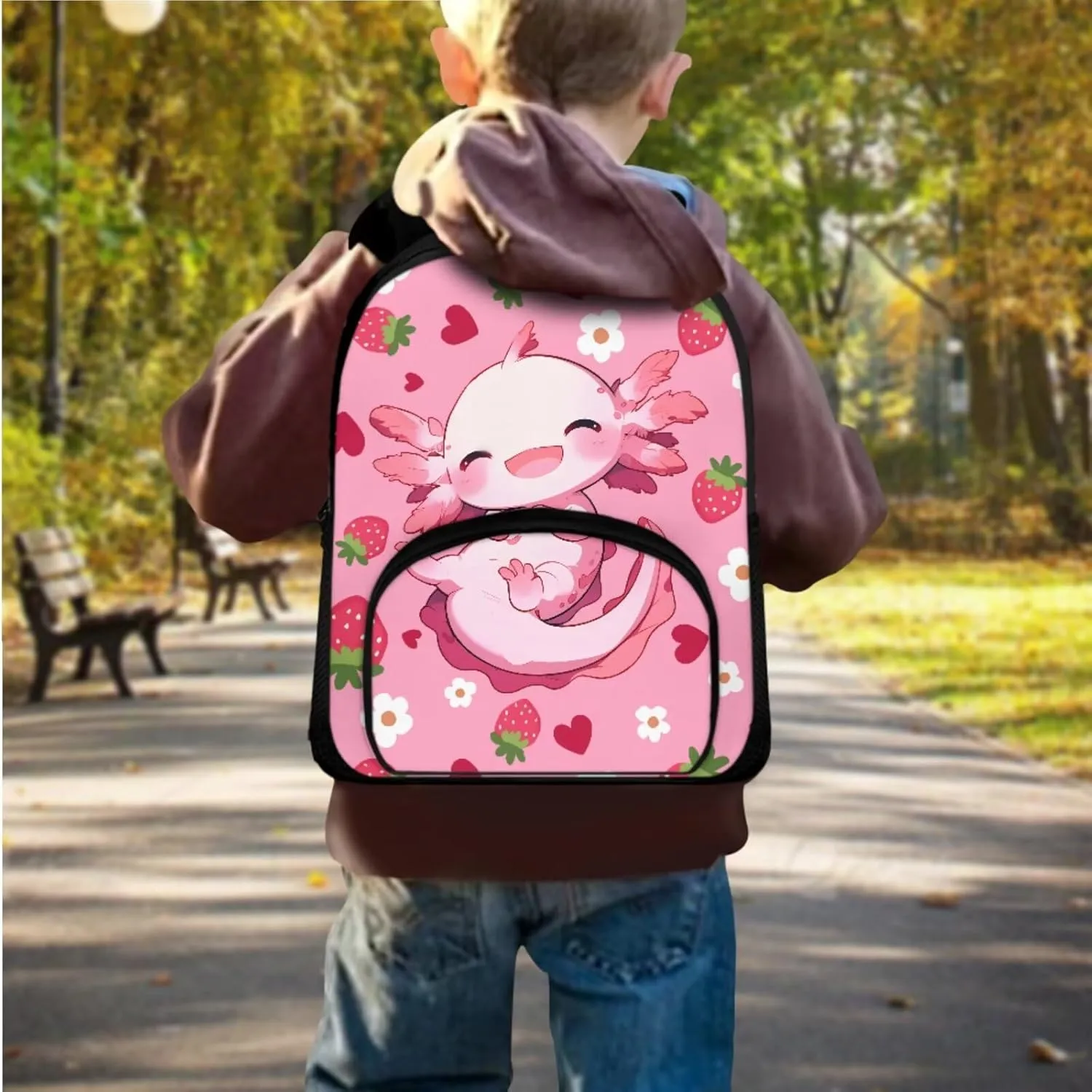Axolotl Backpack for School Girls Preschool 8 Year Old Cool Bookbags with Lunch Bag and Soft Pencil Case Lightweight Novelty Back to School Accessories for Childrens
