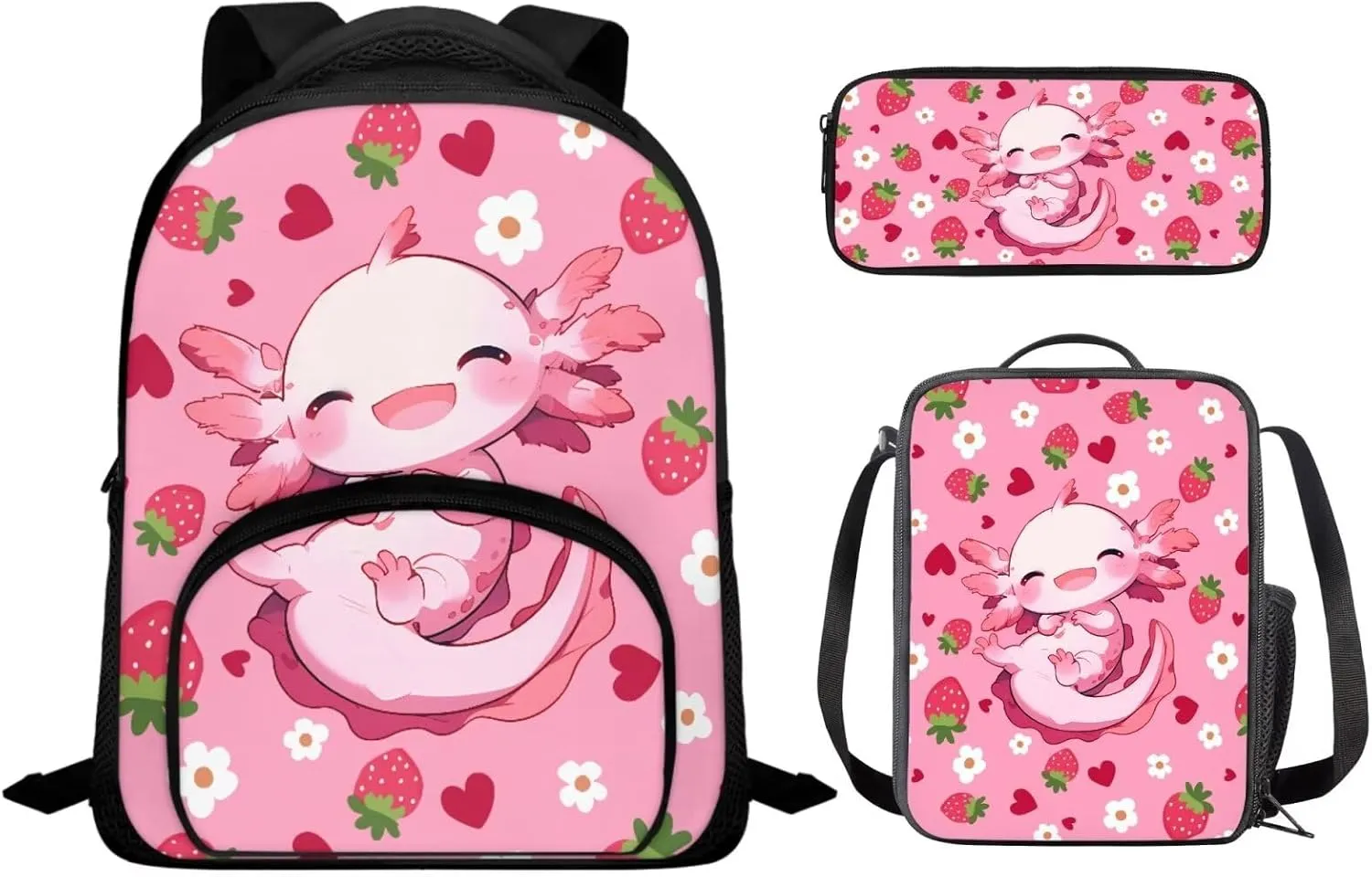 Axolotl Backpack for School Girls Preschool 8 Year Old Cool Bookbags with Lunch Bag and Soft Pencil Case Lightweight Novelty Back to School Accessories for Childrens