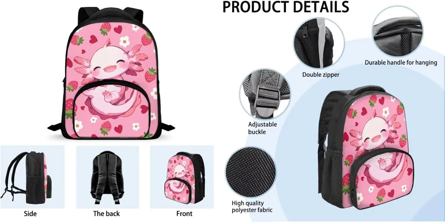 Axolotl Backpack for School Girls Preschool 8 Year Old Cool Bookbags with Lunch Bag and Soft Pencil Case Lightweight Novelty Back to School Accessories for Childrens