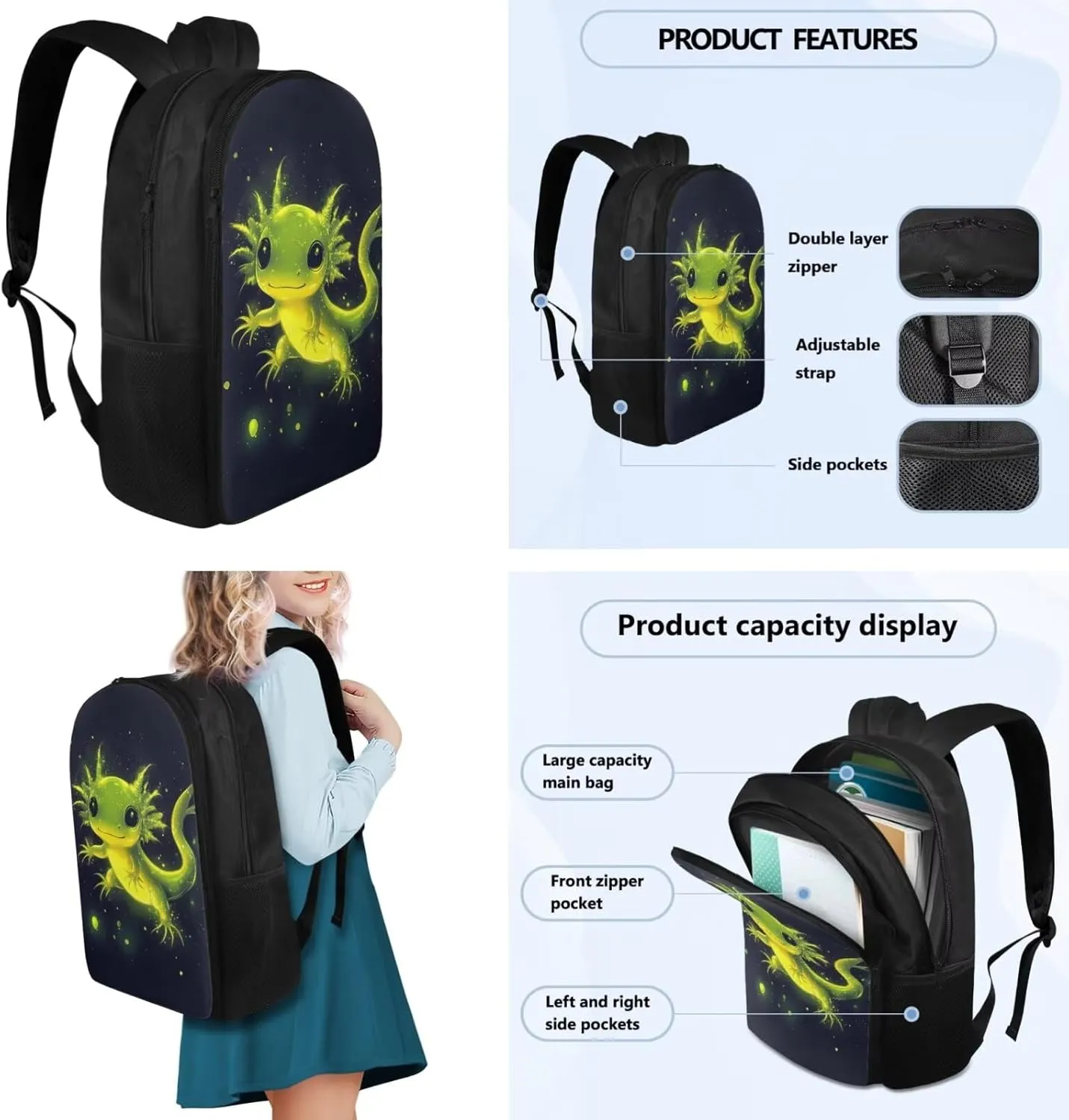 Axolotl Bookbags for 5th Grade Girls Cute Backpack with Lunch Bag Pencil Case and Bookmark Lightweight School Bags for Elementary or Middle School Students Back to School Gifts