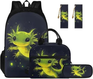 Axolotl Bookbags for 5th Grade Girls Cute Backpack with Lunch Bag Pencil Case and Bookmark Lightweight School Bags for Elementary or Middle School Students Back to School Gifts