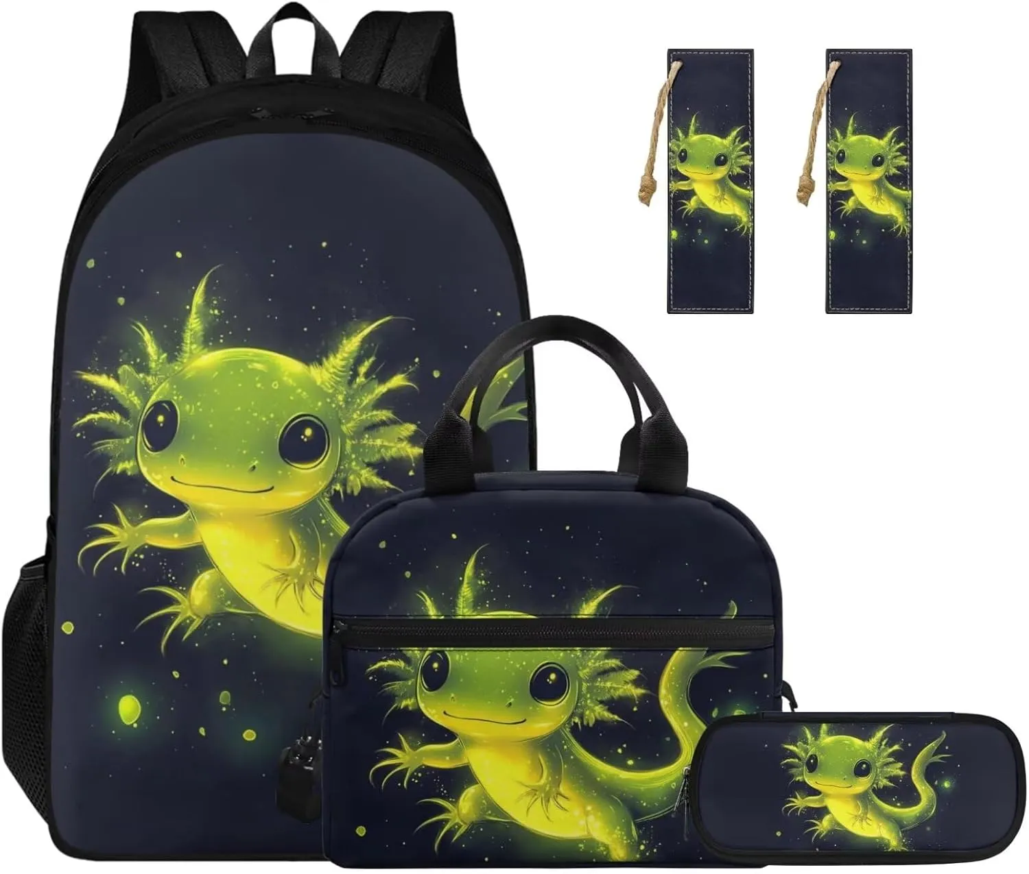 Axolotl Bookbags for 5th Grade Girls Cute Backpack with Lunch Bag Pencil Case and Bookmark Lightweight School Bags for Elementary or Middle School Students Back to School Gifts