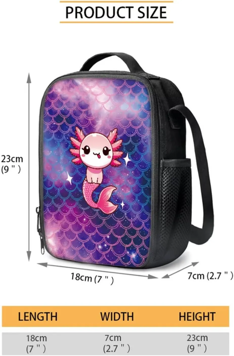 Axolotl Mermaid Scale Pattern 17 Inch School Backpack for Kids 4Pcs Set Includes Insulated Lunch Bag, Pencil Case, Water Bottle Holder Durable Bookbag Set for Students