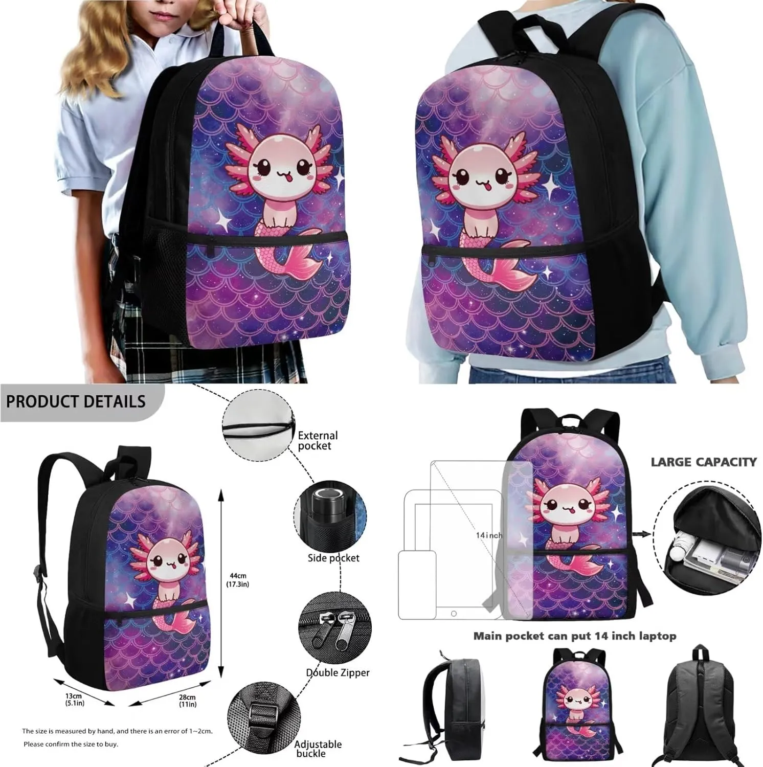 Axolotl Mermaid Scale Pattern 17 Inch School Backpack for Kids 4Pcs Set Includes Insulated Lunch Bag, Pencil Case, Water Bottle Holder Durable Bookbag Set for Students