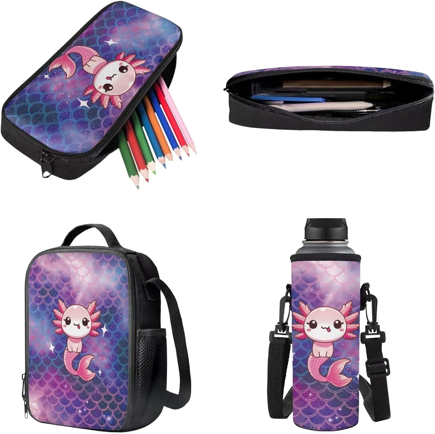 Axolotl Mermaid Scale Pattern 17 Inch School Backpack for Kids 4Pcs Set Includes Insulated Lunch Bag, Pencil Case, Water Bottle Holder Durable Bookbag Set for Students