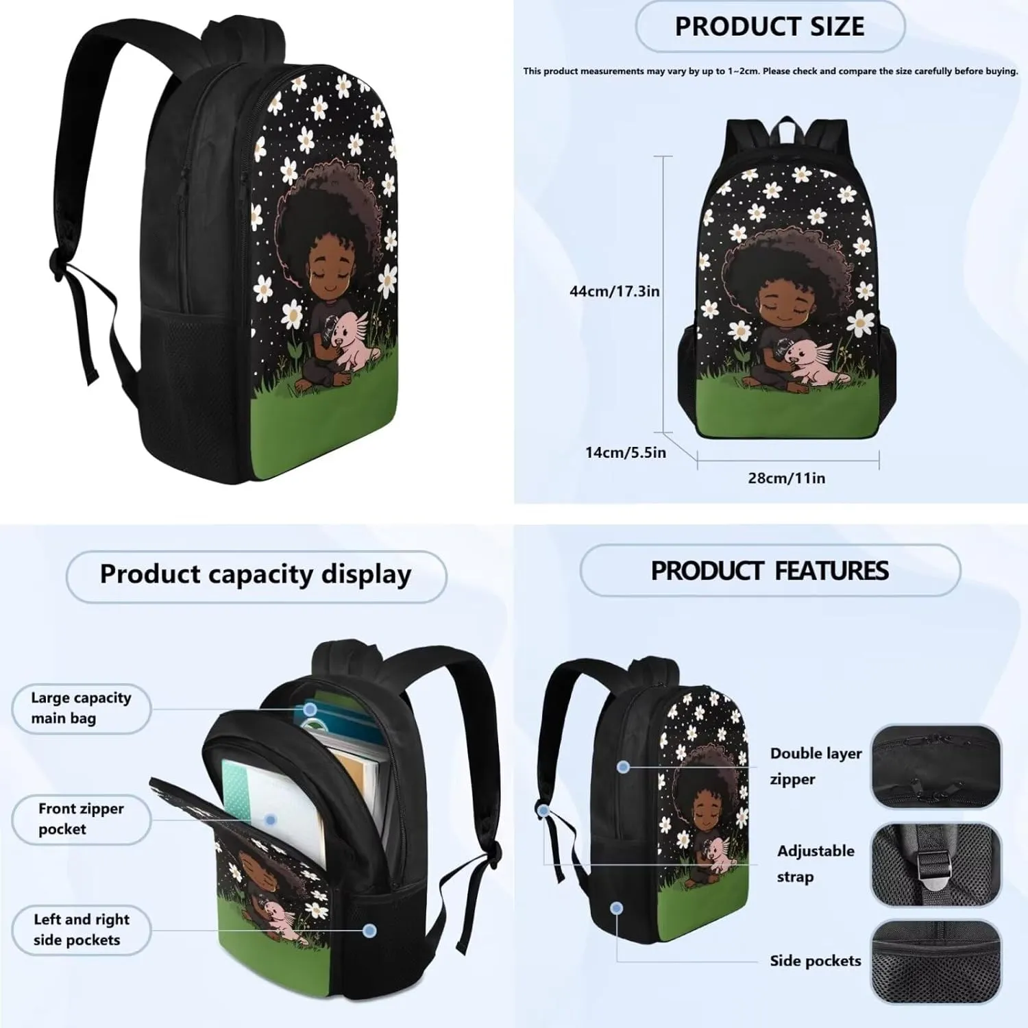 Axolots Print 3Pc Backpack Set for Girls Multi-Functional Adjustable Straps Crossbody School Bag Grease Proofing Recycle Food Bag for Travel Work Office Climbing School