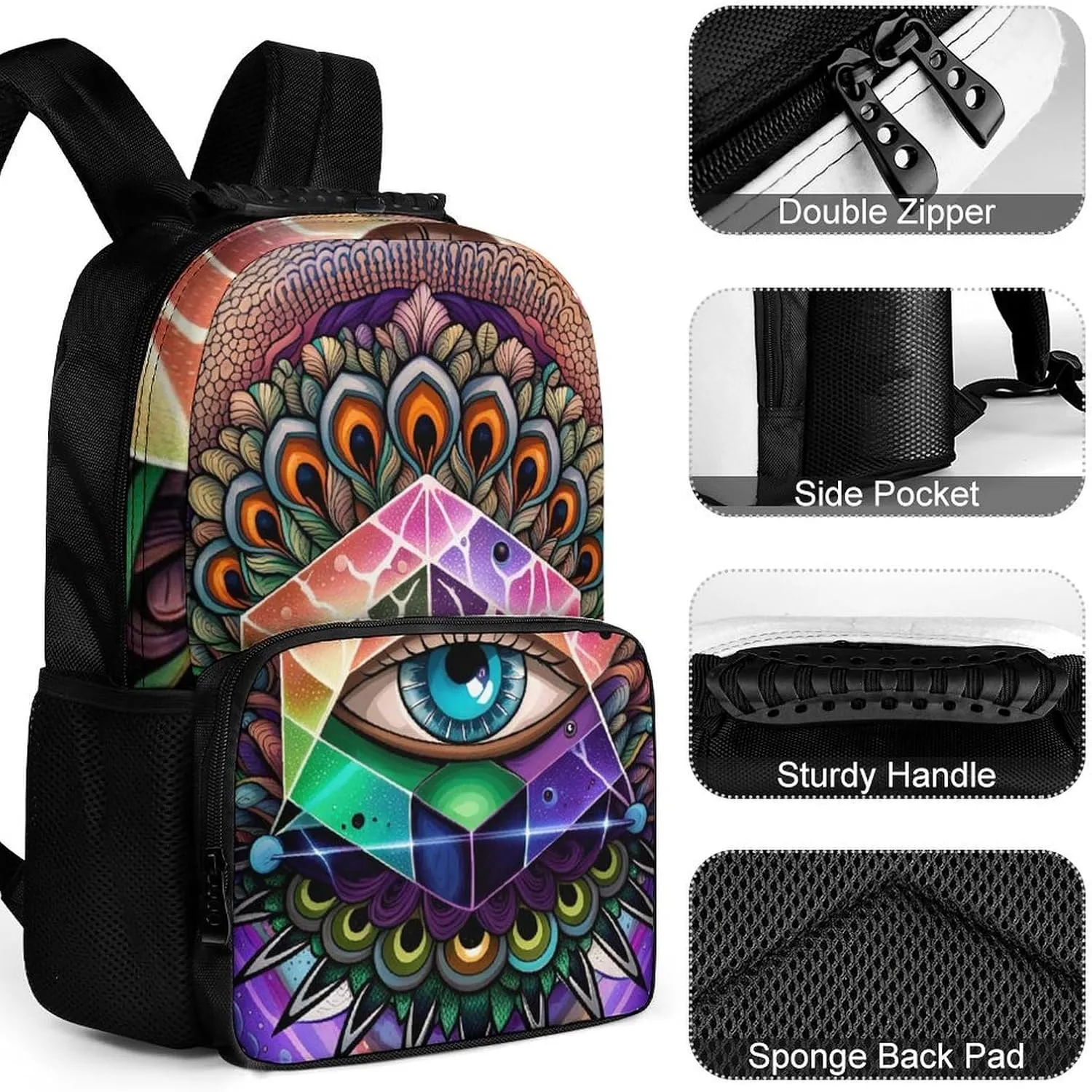 Backpack Anti-Theft Multipurpose Large Capacity Carry On Bag - Colorful Trippy Acid Eye Art Camping Outdoor Backpack With Side Pockets