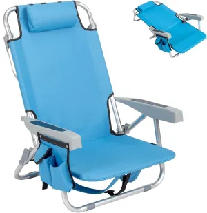 Backpack Beach Chair, 5-Position Classic Lay Flat, Pillow and Padded Shoulder Straps,Cooler Pouch and Towel Bar, Heavy Duty Foldable Low Camping Lawn Chairs for Outdoor/Picnic/Poolside/Sporting Events