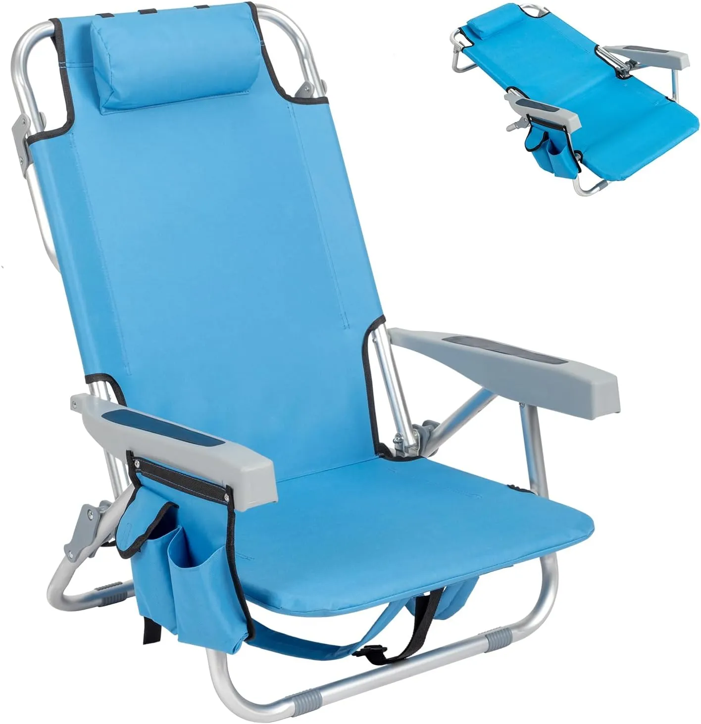 Backpack Beach Chair, 5-Position Classic Lay Flat, Pillow and Padded Shoulder Straps,Cooler Pouch and Towel Bar, Heavy Duty Foldable Low Camping Lawn Chairs for Outdoor/Picnic/Poolside/Sporting Events