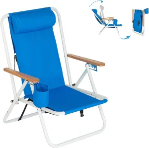 Backpack Beach Chair for Adults, Portable Camping Chair with Backpack Straps, Pillow and Cup Holder, Outdoor Lightweight Folding Lawn Camping Chairs for Garden, Patio, Park, Poolside,Travel, Blue
