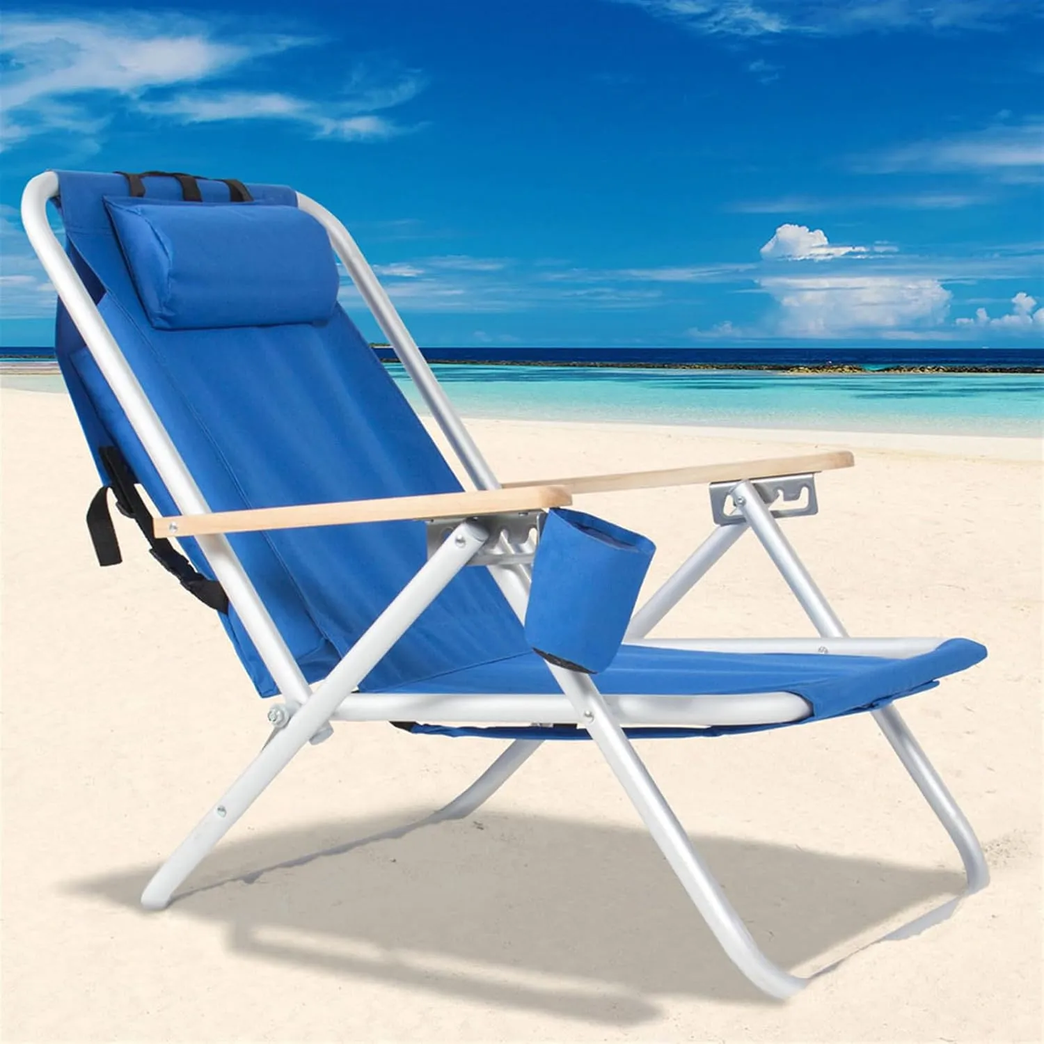 Backpack Beach Chair for Adults, Portable Camping Chair with Backpack Straps, Pillow and Cup Holder, Outdoor Lightweight Folding Lawn Camping Chairs for Garden, Patio, Park, Poolside,Travel, Blue