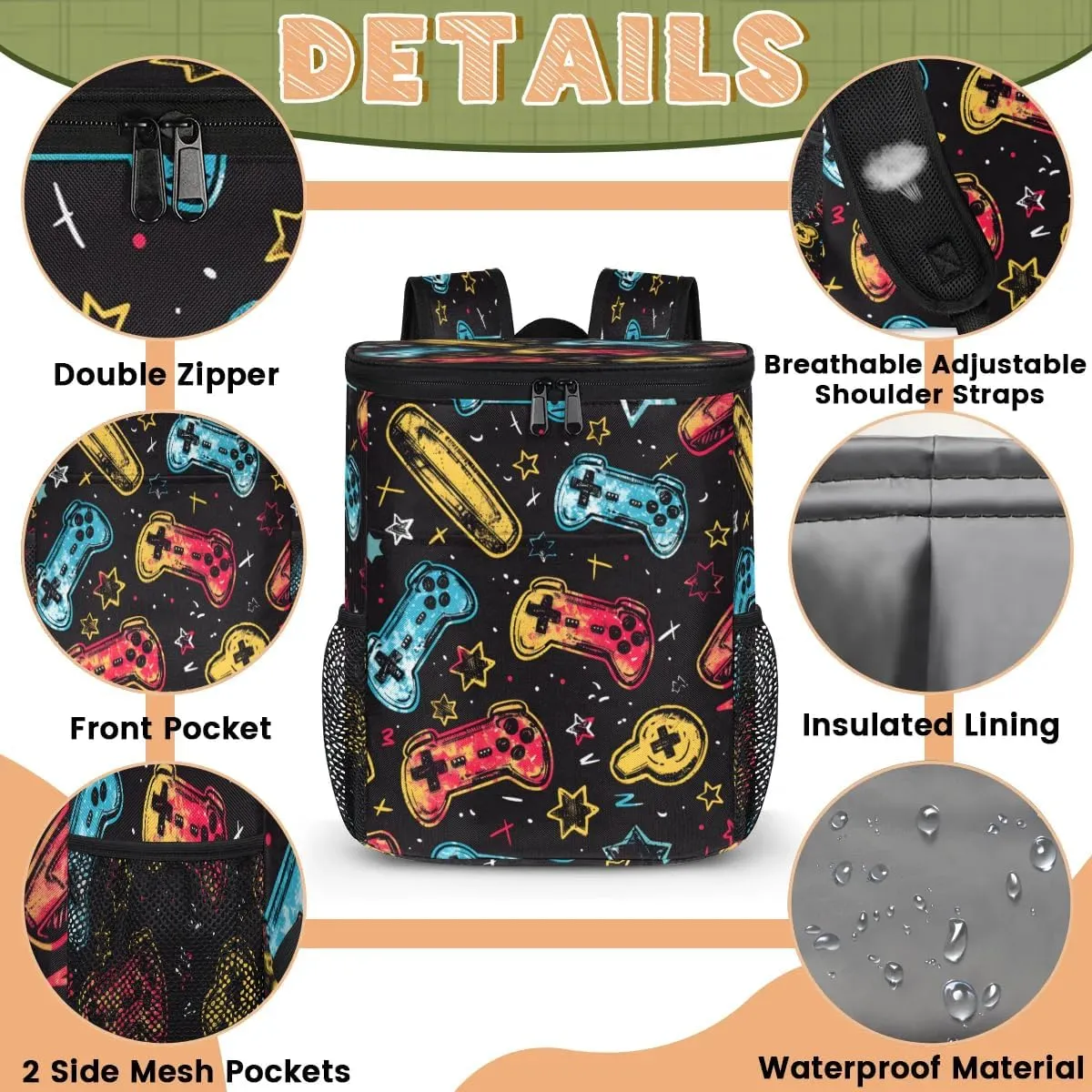 Backpack Cooler Games Theme Cooler Backpack Insulated Leak Proof Soft Cooler Bag for Men Women Lunch Backpack for Camping Picnic Hiking Beach Travel
