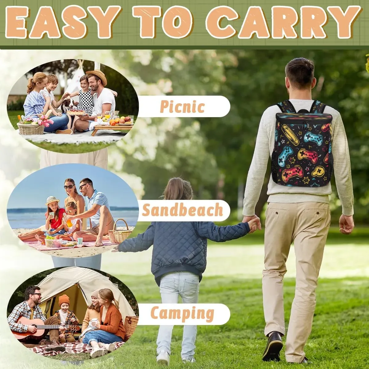 Backpack Cooler Games Theme Cooler Backpack Insulated Leak Proof Soft Cooler Bag for Men Women Lunch Backpack for Camping Picnic Hiking Beach Travel