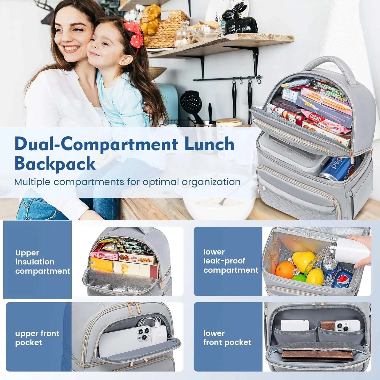 Backpack Cooler Lunch Backpack Double Decker Lunch Box,Insulated Backpack Lunch Cooler Bag, Lightweight Leakproof Lunchbox Backpack for Women Men to Travel,Picnic,Hiking,Beach,Camping