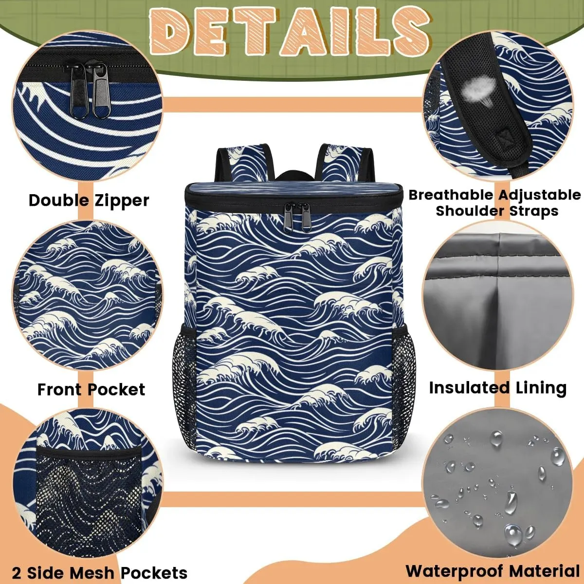 Backpack Cooler Seawater Print Cooler Backpack Insulated Leak Proof Soft Cooler Bag for Men Women Lunch Backpack for Camping Picnic Hiking Beach Travel