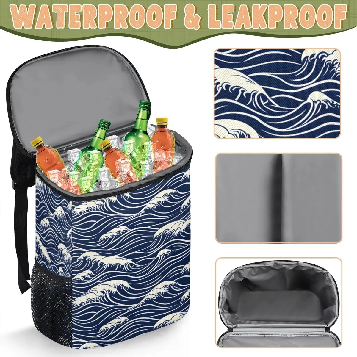 Backpack Cooler Seawater Print Cooler Backpack Insulated Leak Proof Soft Cooler Bag for Men Women Lunch Backpack for Camping Picnic Hiking Beach Travel