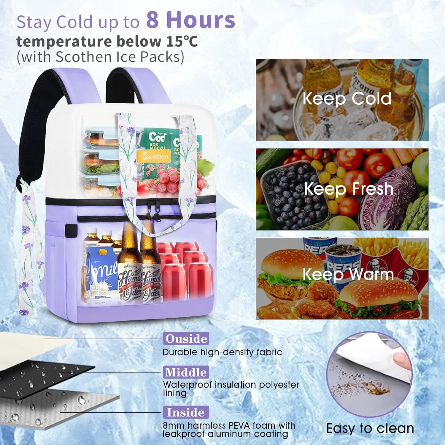 Backpack Cooler with Double Decker & 12 Ice Packs- Keeps 36 Cans Cold for Up to 24 Hours- Waterproof & Leak Proof Insulated Cooler Backpack- Stylish Cooler Bookbag for Women Travel Work Beach