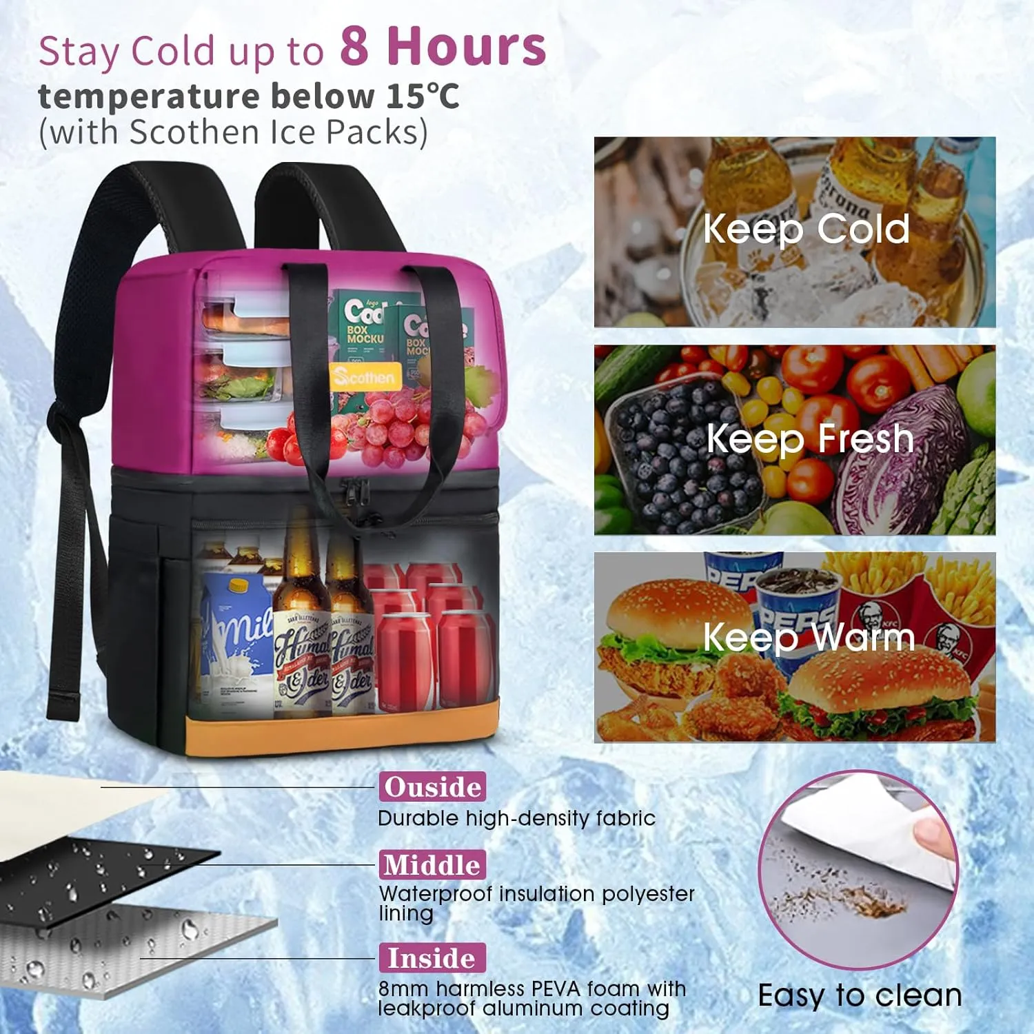 Backpack Cooler with Double Decker & 12 Ice Packs- Keeps 36 Cans Cold for Up to 24 Hours- Waterproof & Leak Proof Insulated Cooler Backpack- Stylish Cooler Bookbag for Women Travel Work Beach