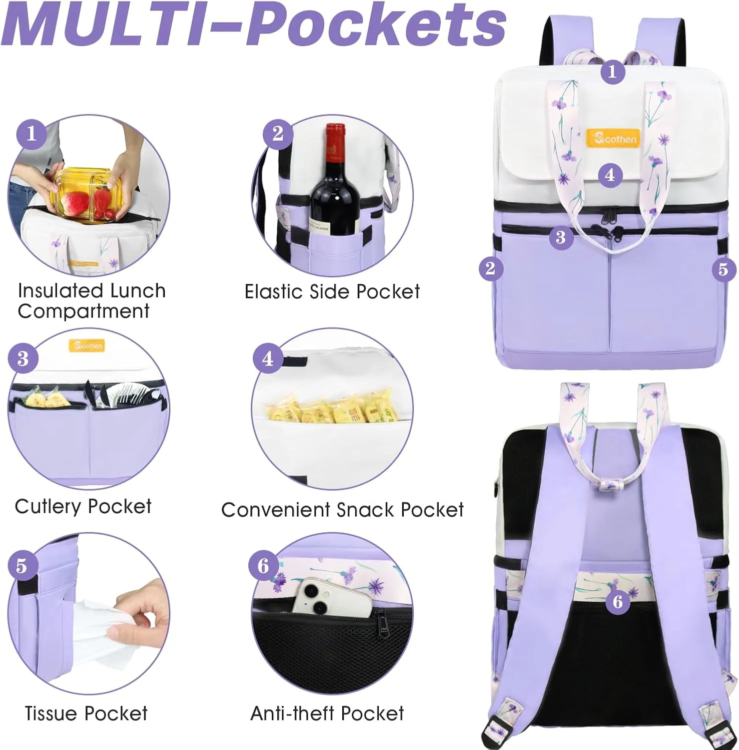 Backpack Cooler with Double Decker & 12 Ice Packs- Keeps 36 Cans Cold for Up to 24 Hours- Waterproof & Leak Proof Insulated Cooler Backpack- Stylish Cooler Bookbag for Women Travel Work Beach