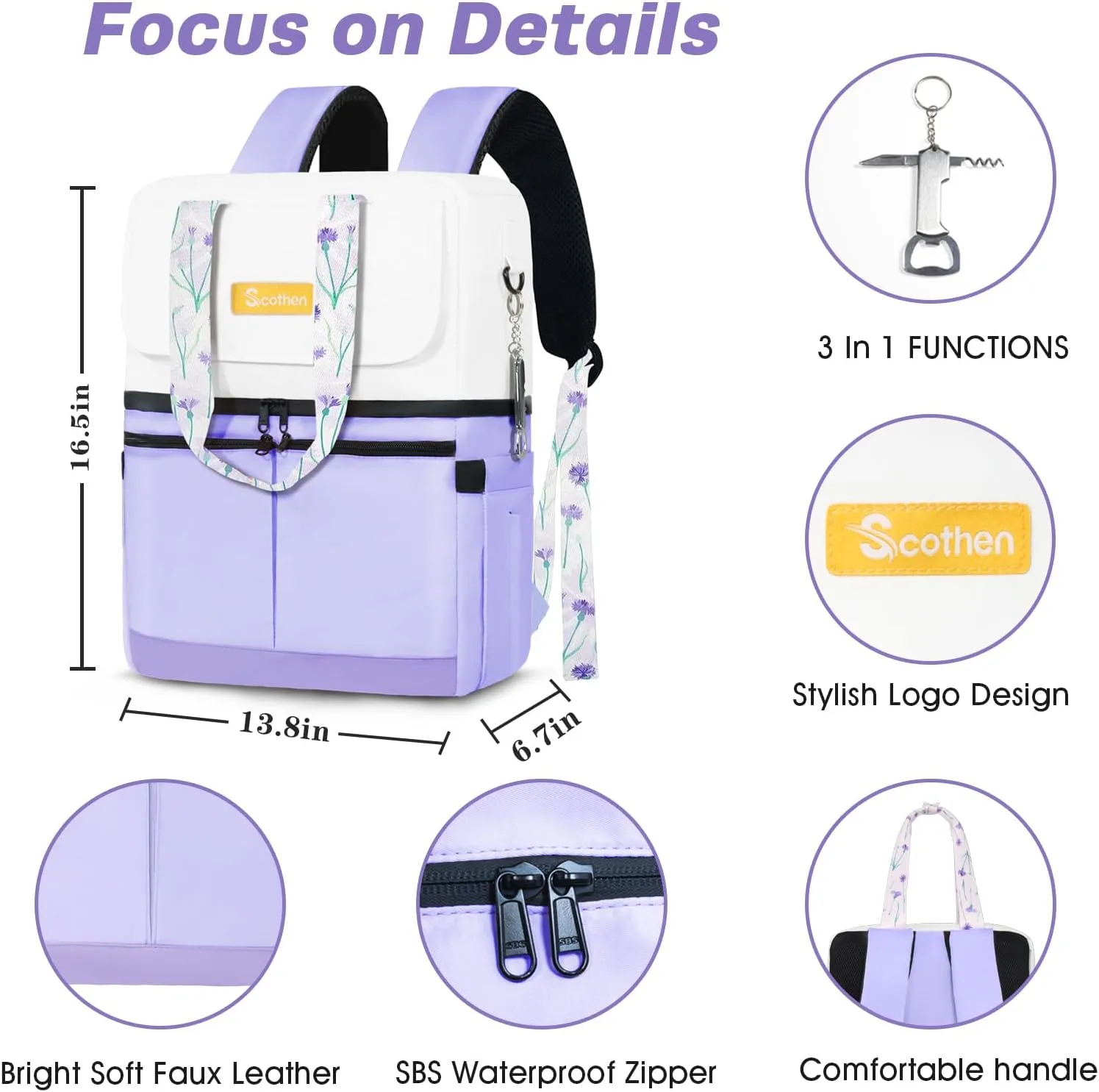 Backpack Cooler with Double Decker & 12 Ice Packs- Keeps 36 Cans Cold for Up to 24 Hours- Waterproof & Leak Proof Insulated Cooler Backpack- Stylish Cooler Bookbag for Women Travel Work Beach