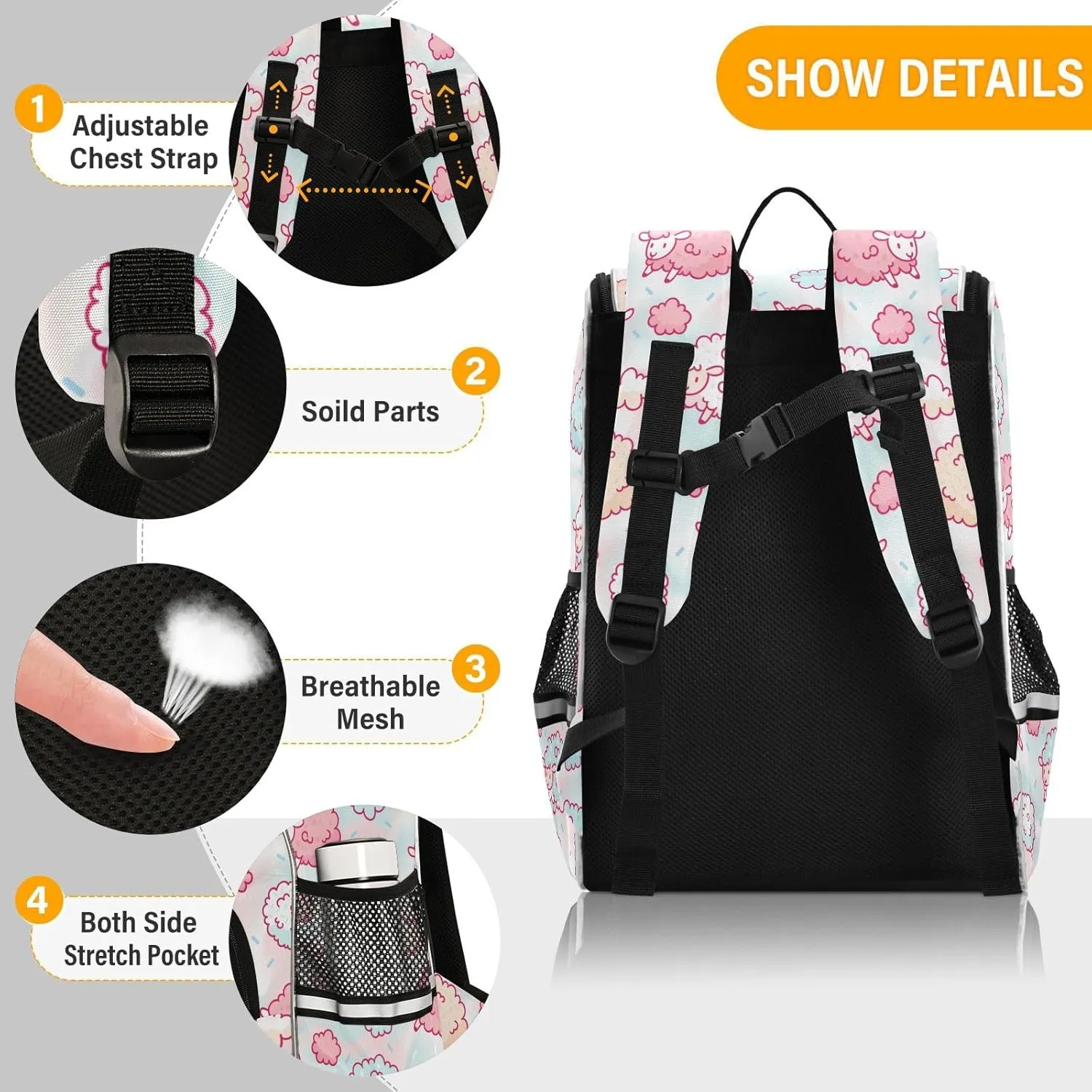 Backpack Cute Sheep and Cotton Candy School Backpack Travel Hiking Large Capacity Causal Daypack Bookbag Laptop Schoolbag with Reflective Tape for Boys Girls Adults