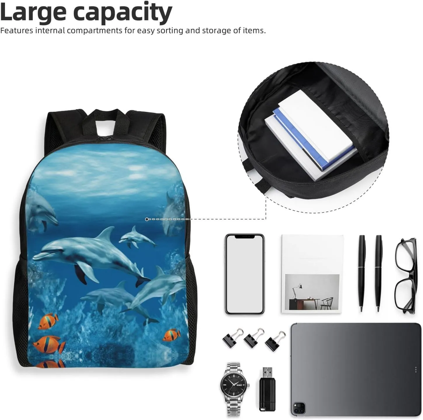 Backpack for Woman Men Casual Daypack Dolphins Blue Laptop Backpack 17 In Lightweight Carry-on Bag for Travel Work