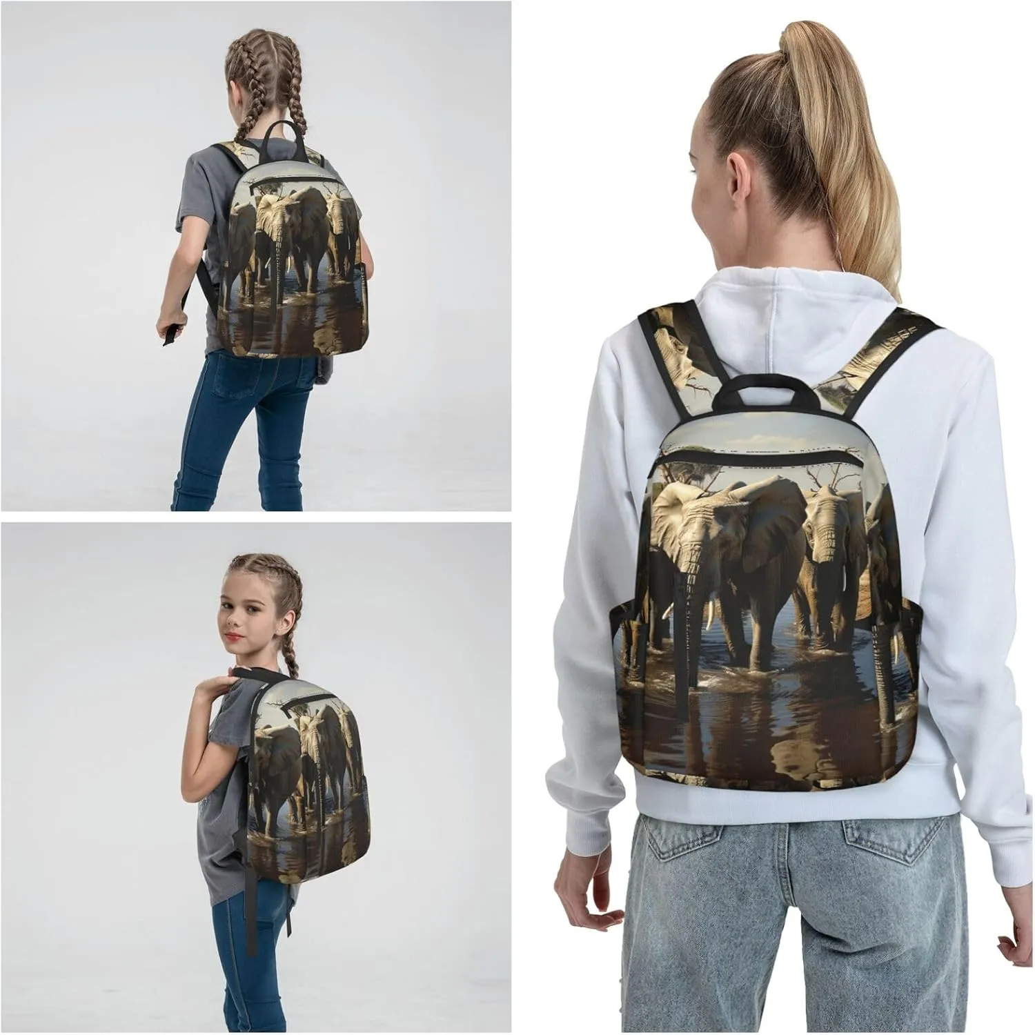 Backpack for Women Men Casual Travel Daypacks Evening in Vancouver Rucksuck for Work Cute Laptop Backpack, Elephants Drinking Water, One Size