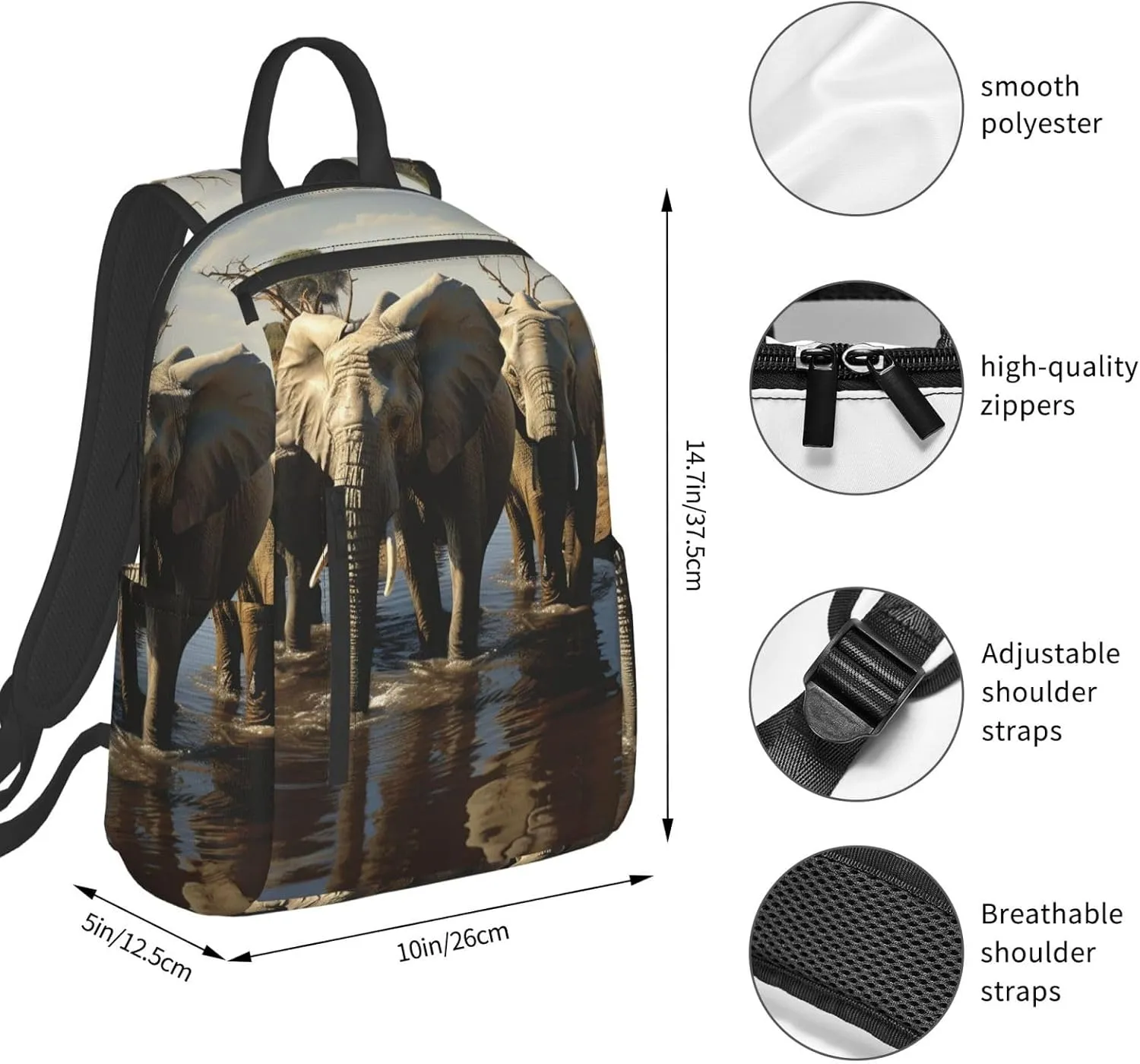 Backpack for Women Men Casual Travel Daypacks Evening in Vancouver Rucksuck for Work Cute Laptop Backpack, Elephants Drinking Water, One Size