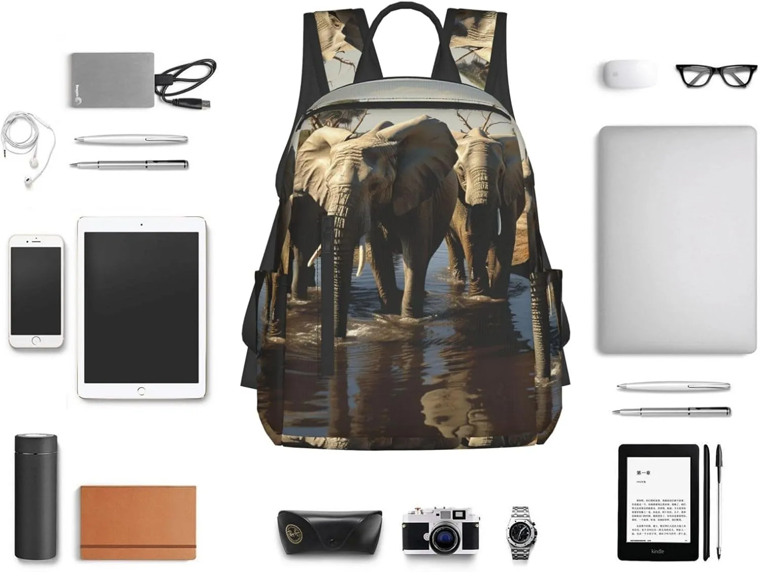 Backpack for Women Men Casual Travel Daypacks Evening in Vancouver Rucksuck for Work Cute Laptop Backpack, Elephants Drinking Water, One Size