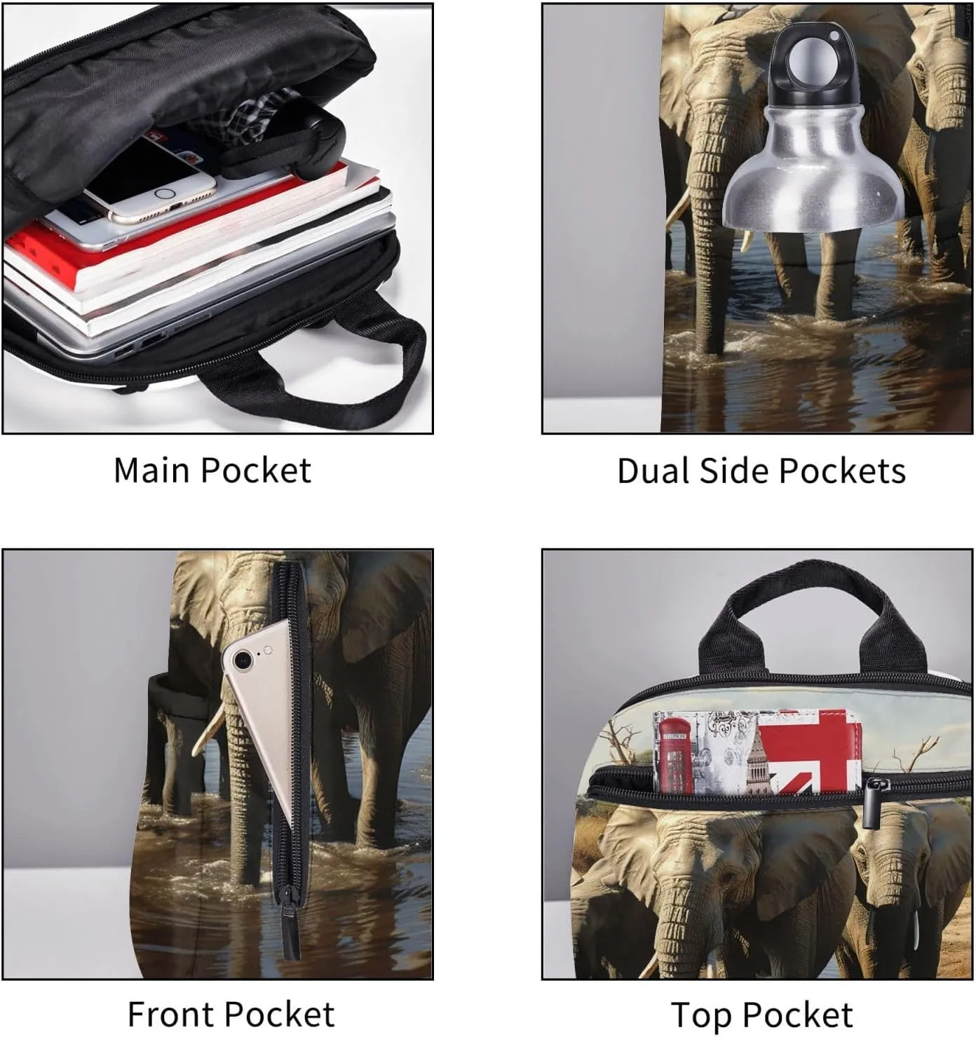 Backpack for Women Men Casual Travel Daypacks Evening in Vancouver Rucksuck for Work Cute Laptop Backpack, Elephants Drinking Water, One Size