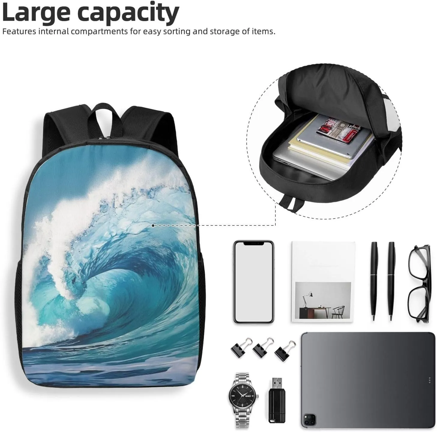 Backpack for Women Men Lightweight Casual Travel Daypack Ocean Wave Laptop Backpack Cute Work Bag