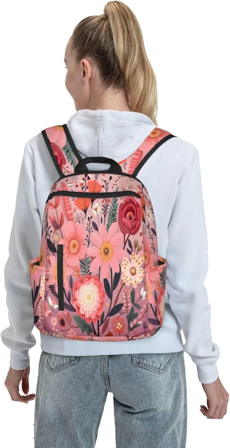 Backpack For Women Men Spring Wild Flowers Pink Bookbag Lightweight Travel Casual Daypack Water Resistant Outdoor Hiking Sport Rucksack