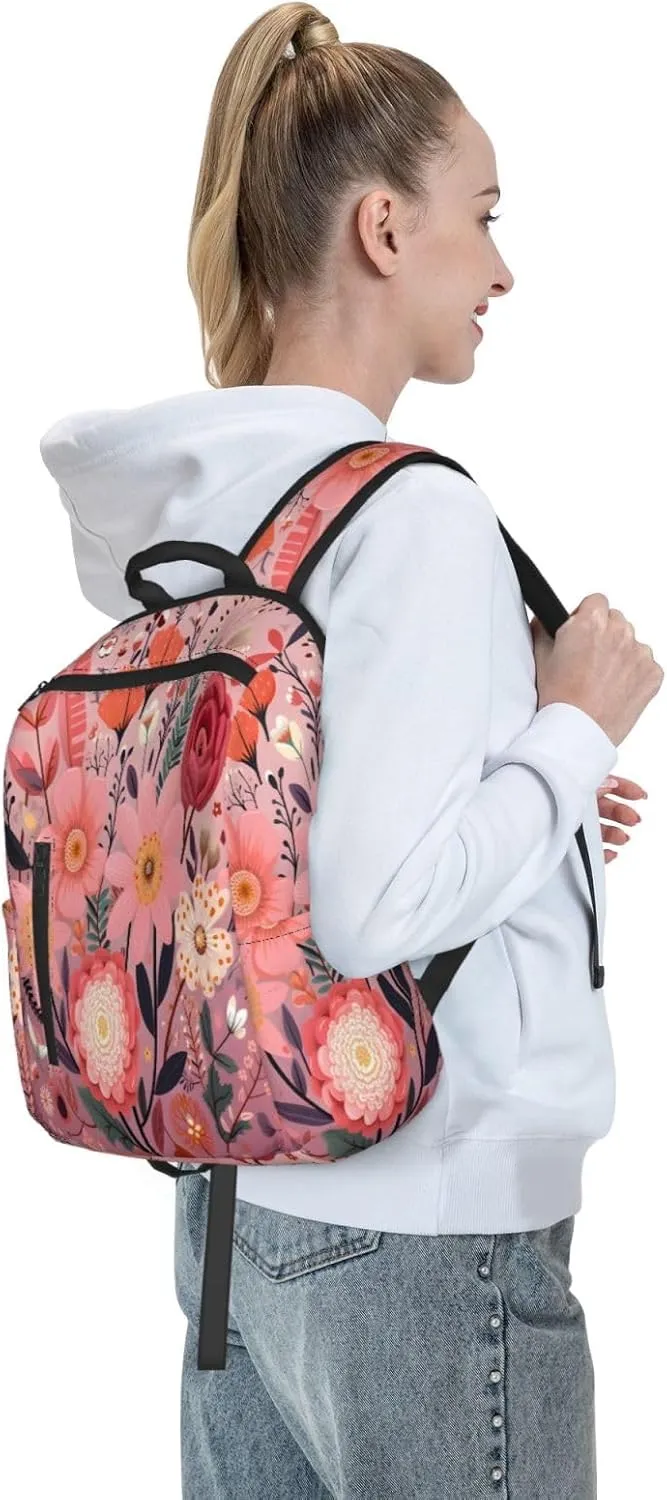 Backpack For Women Men Spring Wild Flowers Pink Bookbag Lightweight Travel Casual Daypack Water Resistant Outdoor Hiking Sport Rucksack