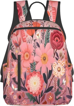 Backpack For Women Men Spring Wild Flowers Pink Bookbag Lightweight Travel Casual Daypack Water Resistant Outdoor Hiking Sport Rucksack