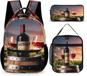 Backpack Lunch Bag Pencil Pouch Set, Wine Bottle And Glasses Print Lightweight & Durable 3-Piece Combo Ideal for Work, And Travel
