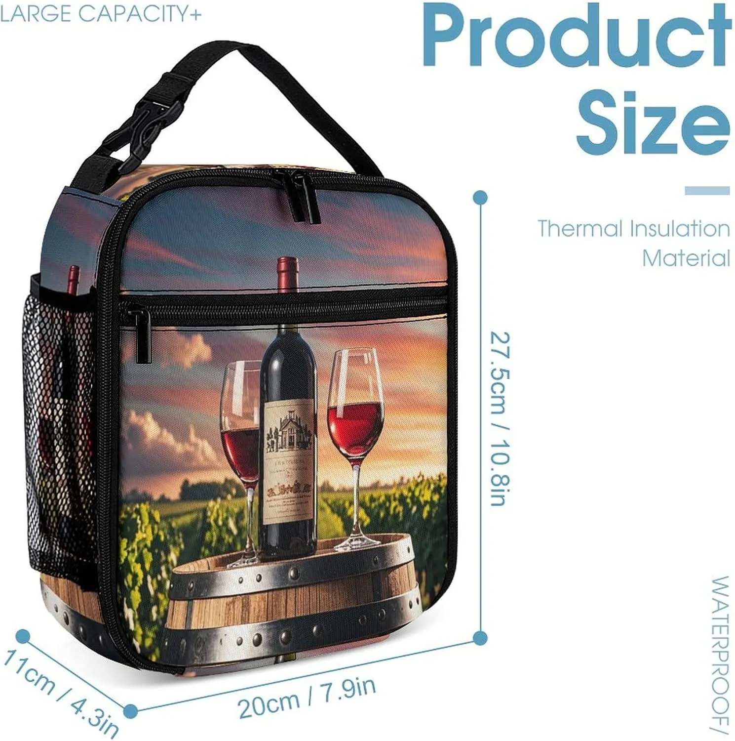 Backpack Lunch Bag Pencil Pouch Set, Wine Bottle And Glasses Print Lightweight & Durable 3-Piece Combo Ideal for Work, And Travel