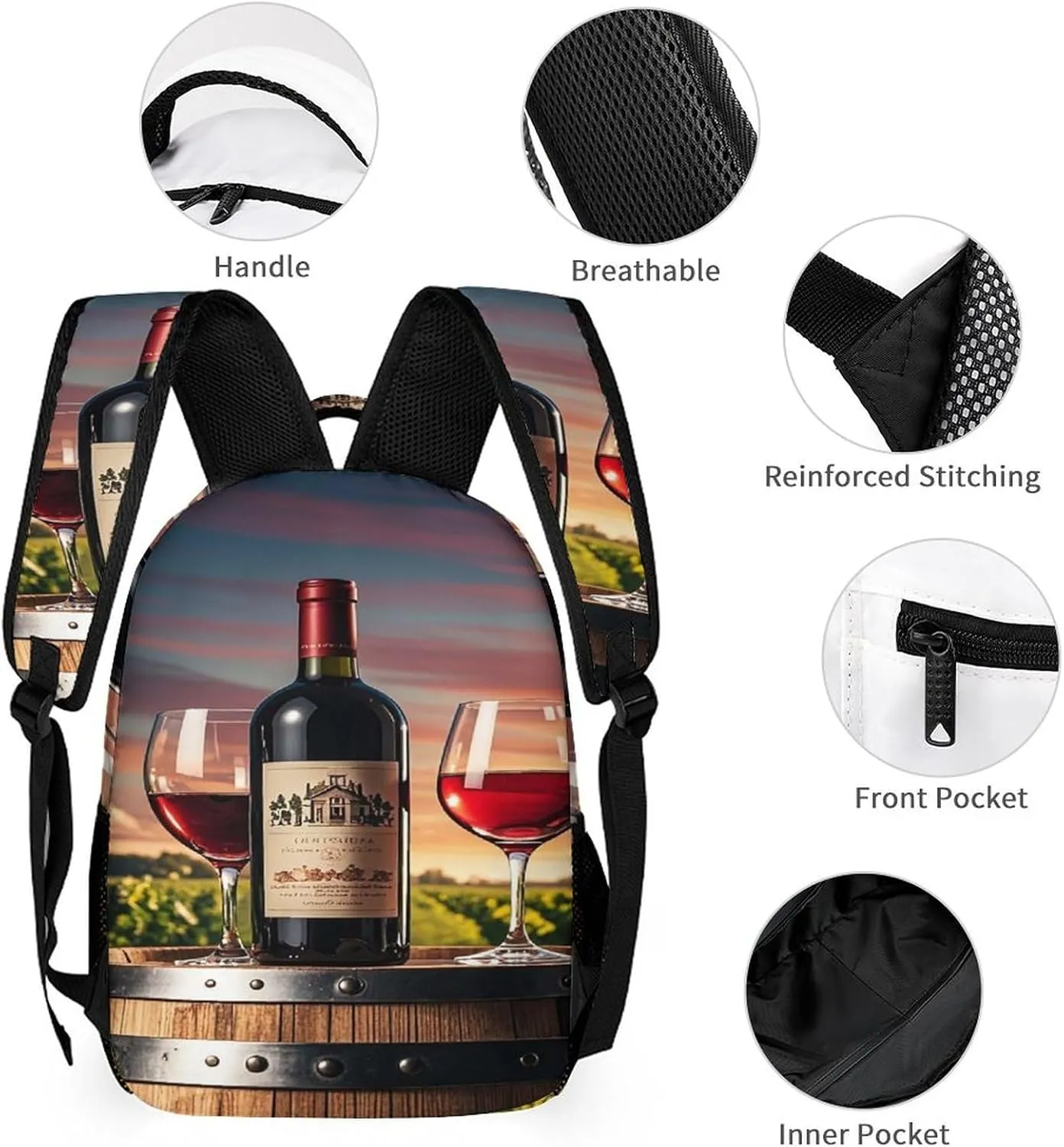 Backpack Lunch Bag Pencil Pouch Set, Wine Bottle And Glasses Print Lightweight & Durable 3-Piece Combo Ideal for Work, And Travel