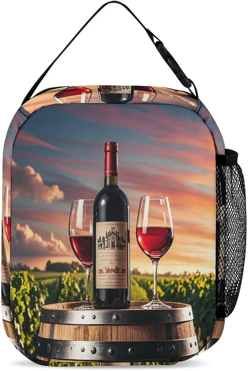 Backpack Lunch Bag Pencil Pouch Set, Wine Bottle And Glasses Print Lightweight & Durable 3-Piece Combo Ideal for Work, And Travel