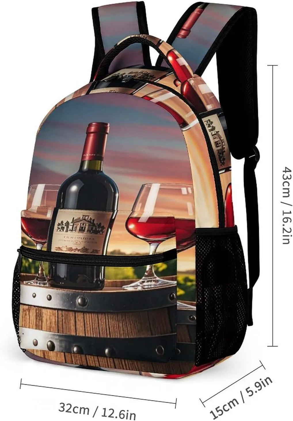 Backpack Lunch Bag Pencil Pouch Set, Wine Bottle And Glasses Print Lightweight & Durable 3-Piece Combo Ideal for Work, And Travel