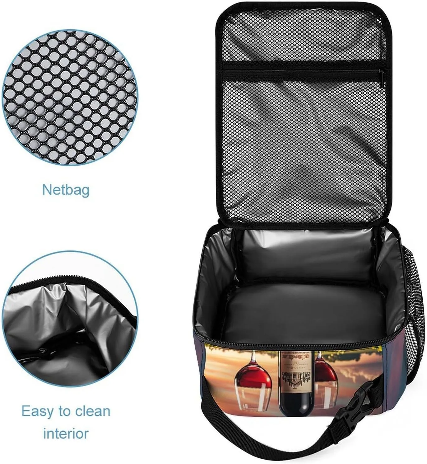Backpack Lunch Bag Pencil Pouch Set, Wine Bottle And Glasses Print Lightweight & Durable 3-Piece Combo Ideal for Work, And Travel