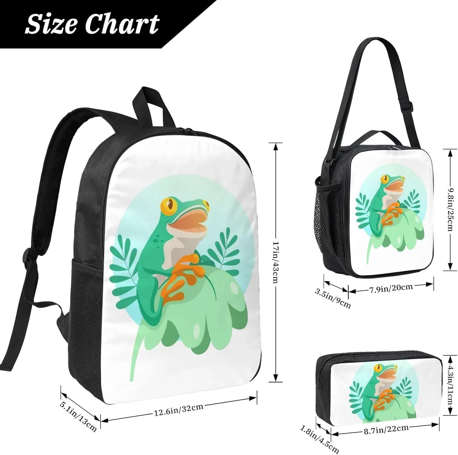 Backpack Lunch Box and Bag 3PCS Large Capacity Travel Backpack Suitable Work Outdoor Sport for Woman Man Green Frog